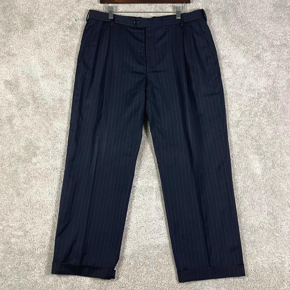 Brooks Brothers Madison Pants Mens 42S/37‎ Fits 37x28 Navy Blue Pinstripe Wool
